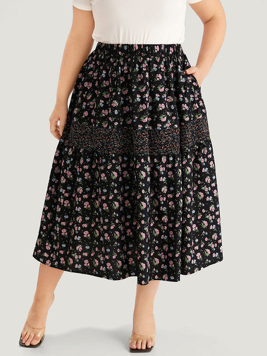 Ditsy Floral Patchwork Elastic Waist Skirt